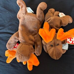 Ty Brown Moose Plush with Bright Orange Antlers - Set of 2